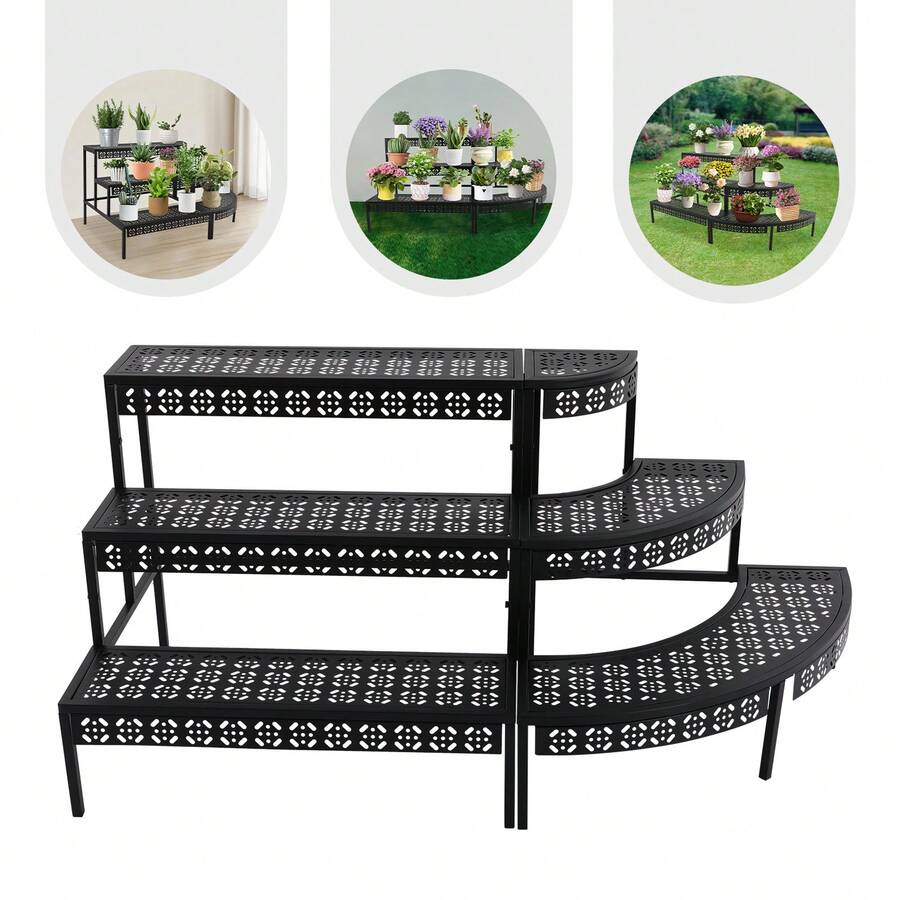 Soporte para plantas de 3 niveles, color negro, 130 x 60 x 60 cm, estante de exhibición para macetas, organizador para jardín, balcón y terraza - A - Ver 1