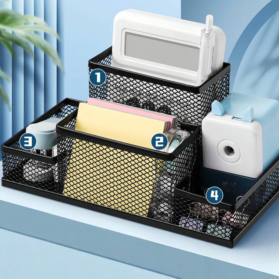 1个四格金属网桌面收纳架，大容量文具收纳架，可放置笔、计算器等办公用品，现代节省空间桌面收纳盒，适用于家庭书房 - 查看 1