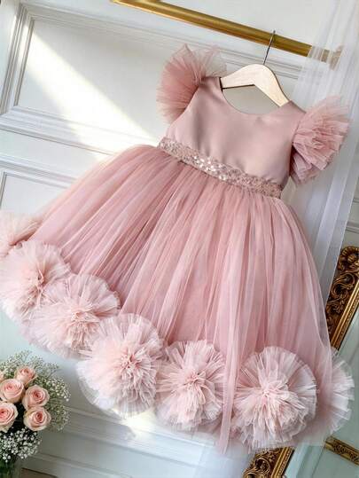 Baby Girls' Pink 3D Floral Cap Sleeve Tulle Christmas Party Elegant Dress, Princess Dress Suitable For Baby Girl's 1st Birthday Party, Wedding, Thanksgiving