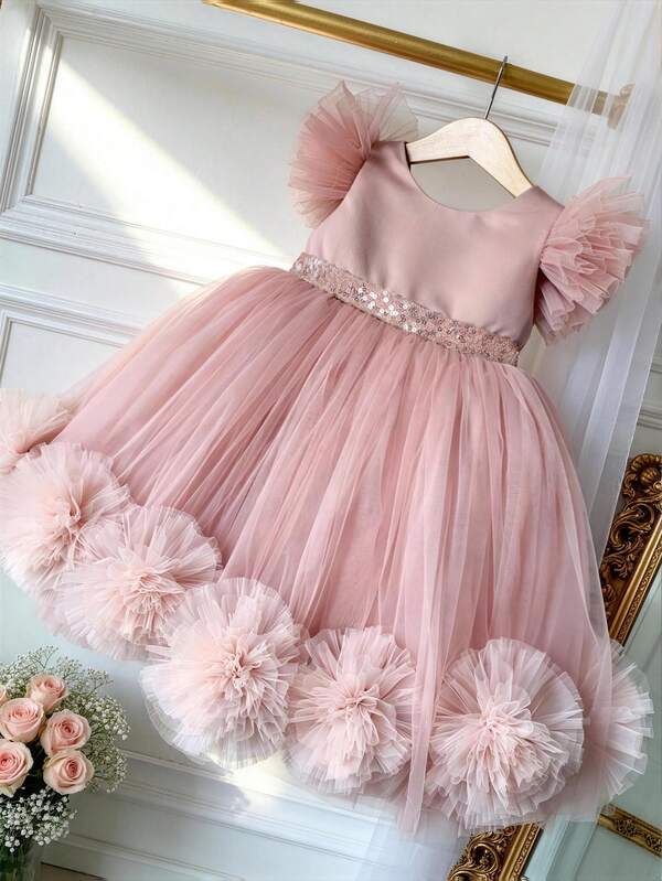 Baby Girls' Pink 3D Floral Cap Sleeve Tulle Christmas Party Elegant Dress, Princess Dress Suitable For Baby Girl's 1st Birthday Party, Wedding, Thanksgiving