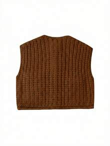 Women's Solid Color Knitted Pocket Decor Thick Knit Vest - Coffee Brown - View 10