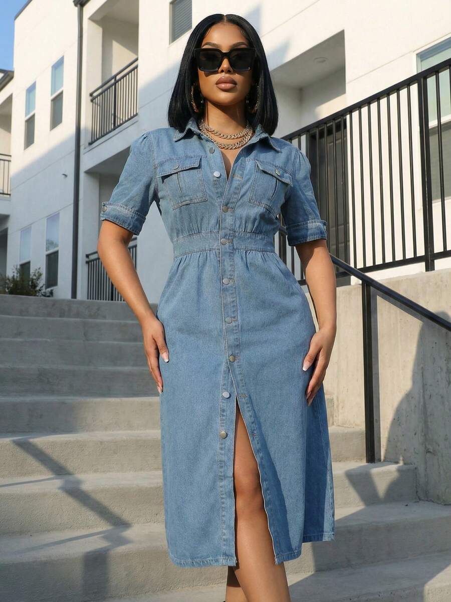 Jkorea Light Wash Denim Midi Dress - Button Down Short Sleeve Utility Dress - 中等水洗藍 - 查看 1