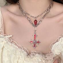 Gothic Style Oil Drop Coffin Cross Necklace, Unique Creative Layered Choker Necklace, Y2K Personalized Accessory - Multicolor - View 3