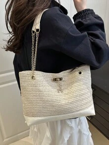 1pc Polyester Deer Pattern Large Capacity Zipper Fashionable Women's Shoulder Tote Bag, Suitable For Daily Use - White - View 9