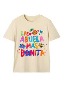 “奶奶风尚”西班牙语文字女士T恤，标准奶奶图案T恤，舒适的2026家庭座右铭短袖上衣，休闲圆领夏季礼品服装 - 杏色 - 查看 4