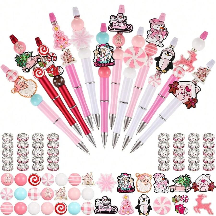 Set Beadable Pens Assorted Bead Pens Wood Crystal Round Spacer Set Black Ink DIY Ballpoint For Women Men Gift Office Supplies(Multicolor,Pink Christmas) - PinkChristmasPinkChristmasPinkChristmas - View 1