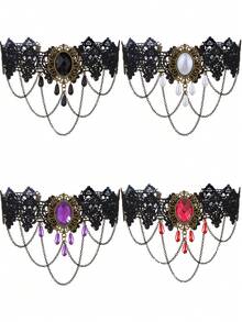 1件装女士复古哥特蕾丝多层链条流苏颈链，项圈项链 - 彩色 - 查看 1