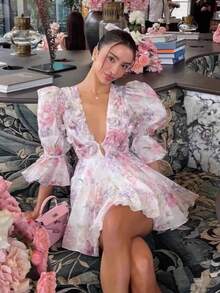 Women's Dress Sweet Beautiful Seaside Vacation Style Fashion V-Neck Bubble Sleeves Medium Sleeves Waist Cinching Fresh Flower Print Artistic Sense Short Skirt - 粉色 - 查看 2