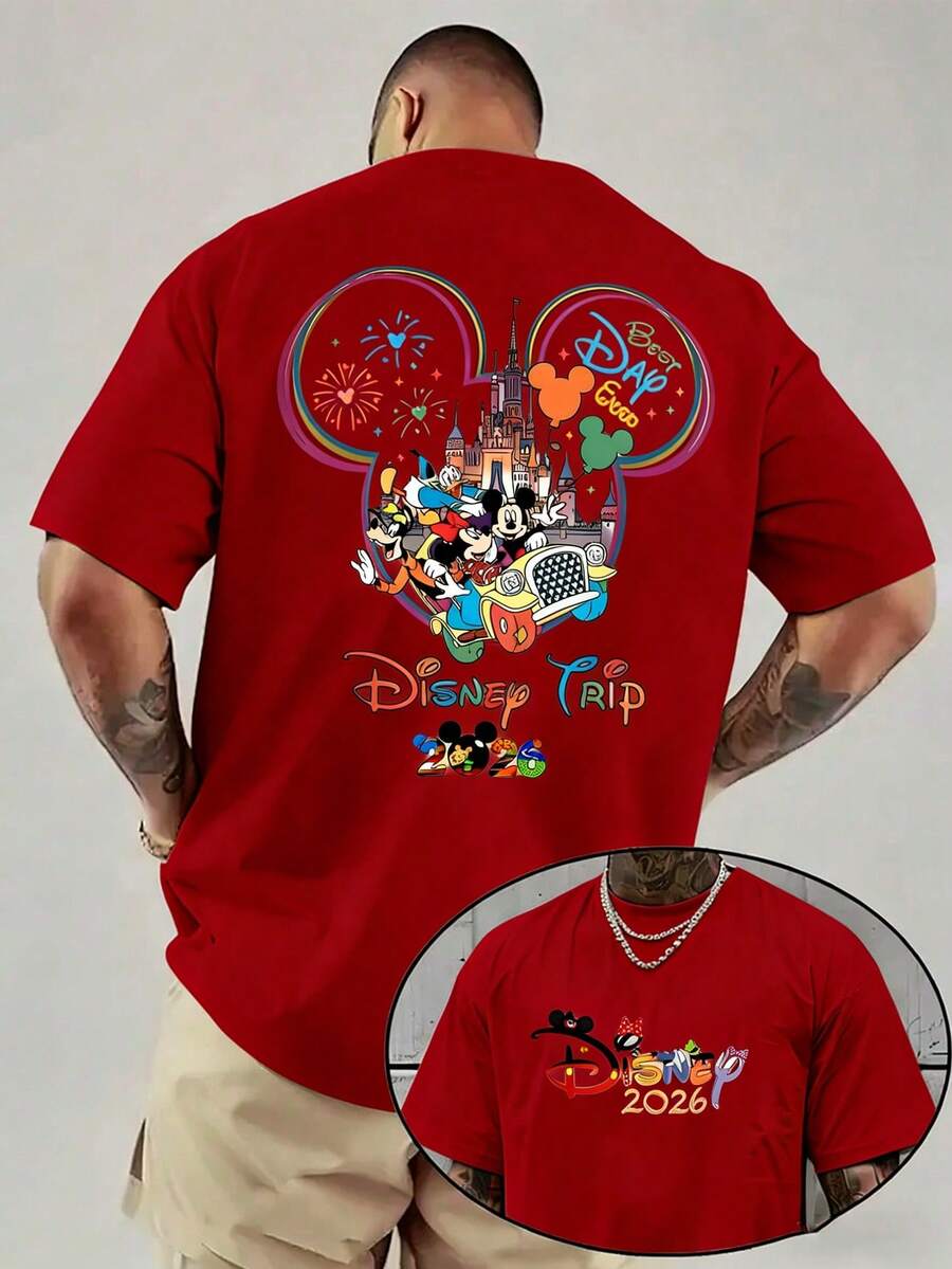 Disney Official Licensed 2026 Disney Trip Mickey Ears Castle Graphic T Shirts 100 Percent Cotton Disney Shirt 220g Cotton Crew Neck Unisex Tee - 紅色 - 查看 1