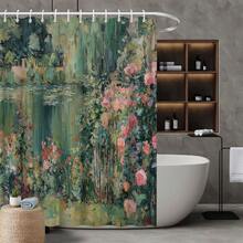 2D Flat Printing ,1 Piece Of Retro Shower Curtain - A Fashionable Bathroom Decoration Shower Curtain With Oil Painting Printing Pattern, Designed With Pink Roses, Green Leaves, And Water Waves - Soft Pink Color Scheme Depicting Impressionist Style Garden And Lake Scenery In Green And Pink - Made Of Machinable Facial Cleanser - Versatile For All Seasons - A - 查看 2