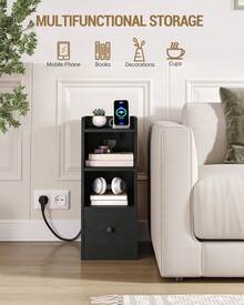 HaluPeit Bedside Table Set Of 2, With Charging Station, USB & Type C Connection, Narrow Side Table, 3 Levels Of Storage Space With 1 Drawer, Space-Saving, For Bedroom, Living Room - Black - View 3