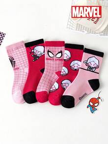 5 Pairs Marvel Superhero Socks, Spider-Man & Gwen Stacy Cartoon Mid-Calf Socks For Kids, Spring/Summer - Multicolor - View 5