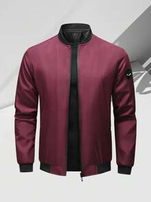 Men's Stand Collar Zip-Up Baseball Jacket, Bomber Jacket Sports - Burgundy - View 3