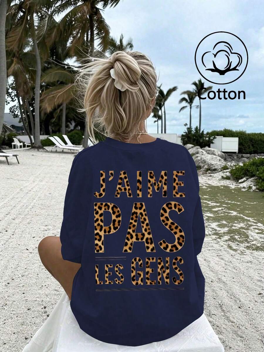 「J'AIME PAS LES GENS」豹紋字母印花，女式寬鬆T卹，夏季上衣，K-Pop戰士系列，純棉上衣，女裝服飾，女式夏裝，針織服飾，派對裝束，大碼女裝，大碼女式圓領寬鬆上衣，閨蜜裝，度假服飾，休閒運動裝，優雅上衣，女士運動裝,頂部女裝，促銷女裝，男女同款，青少年裝、基本款T卹，夏季女裝，柔軟舒適，Y2K風格,夏季、情人節、狂歡節、聚會、海灘、婚禮、外出活動、優雅、度假、休閒、奢華、千禧年、亮片、豹紋、圓點圖案、圖形、花卉、迷彩 - 藏青 - 查看 1