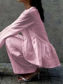 Look Polly Women's Spring Summer Casual Gentle Textured Cotton V Neck Single Button Ruffle Hem Top & High Waisted Wide Leg Pants Two Pieces Set Pink Vacation Outfit - Baby Pink - View 6