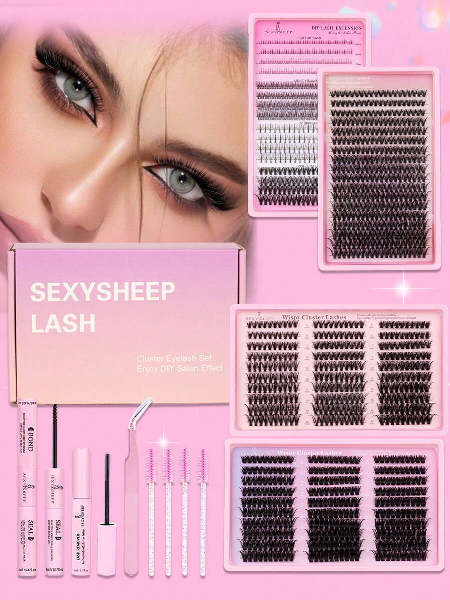 1440pcs, 484pcs, 300pcs, 300pcs, 356pcs D-Curl Eyelash Extension Kit, Includes Eyelash Glue, Remover, Sealer, Applicator Brush And Tweezers, Suitable For Daily Commute Or Festive Celebrations, Easy DIY Eyelash Extension At Home - 黑色 - 查看 1
