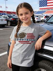 Camiseta de manga corta con estampado de letra y bandera de fútbol para niña - Gris - Ver 1