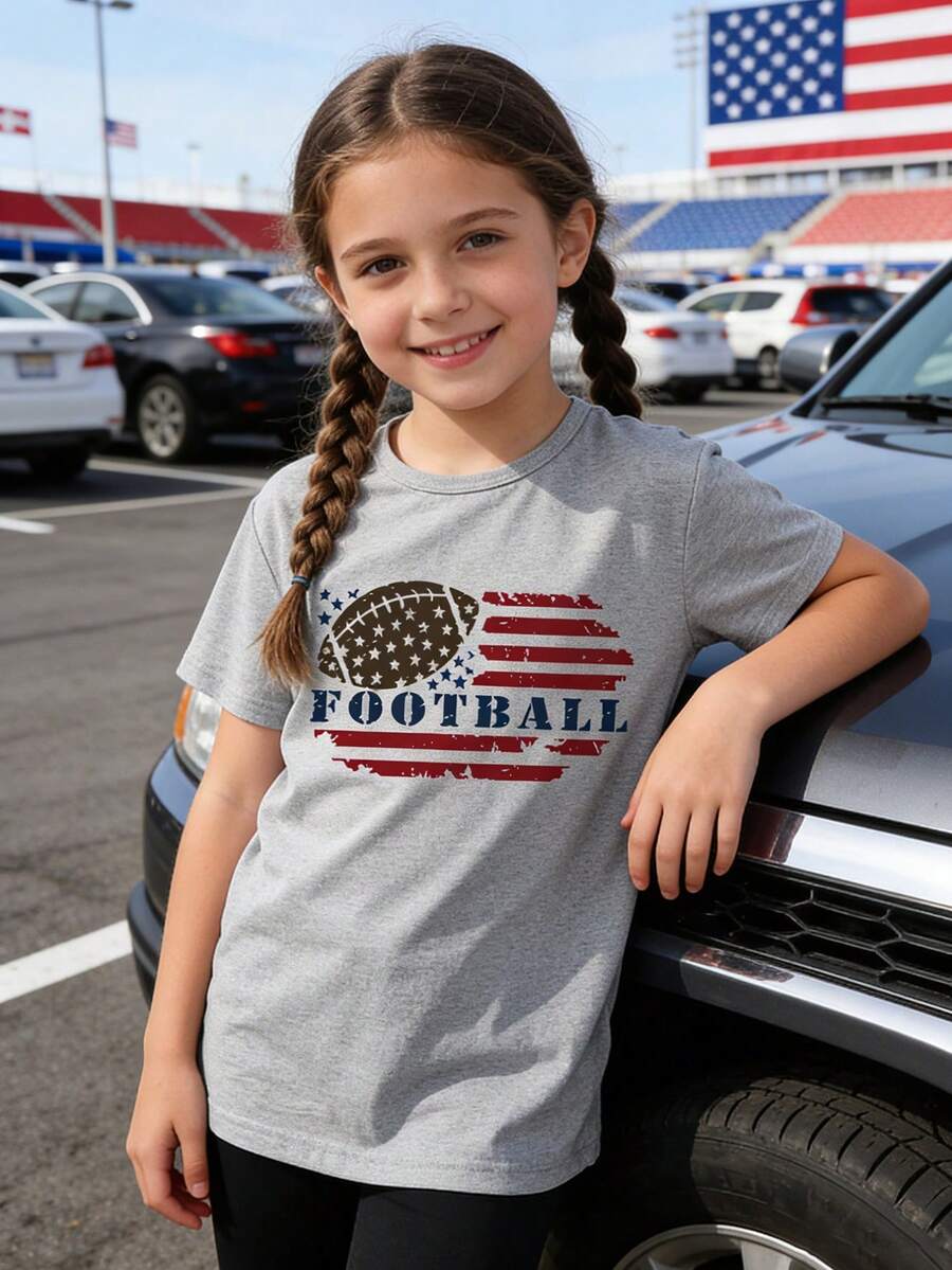 Camiseta de manga corta con estampado de letra y bandera de fútbol para niña - Gris - Ver 1