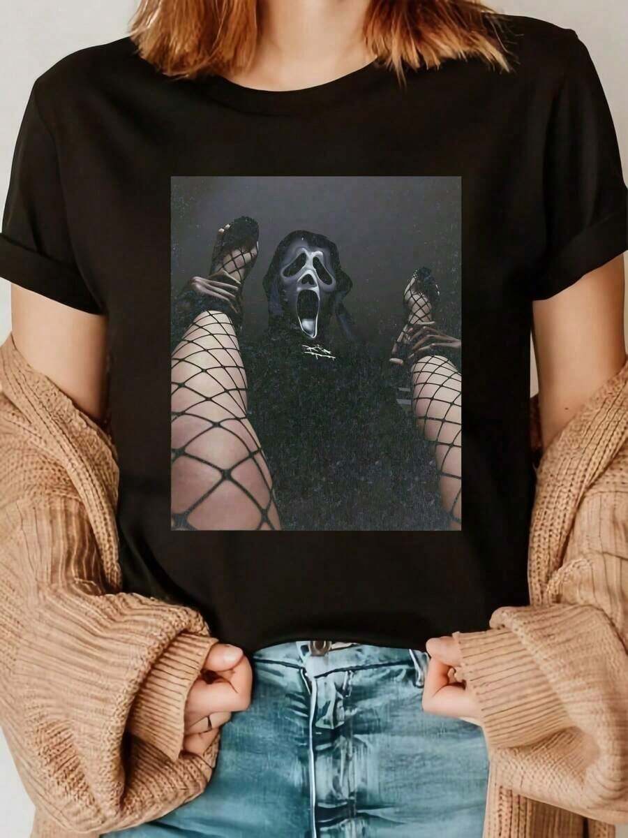 Summer TopsHalloween Retro Washed T-Shirt Scream Ghostface Heart Hands Graphic Tees Water Washing Print T-Shirt, Men's Vintage T-Shirt,Short Sleeves Crew Neck Top Tees, 230 Gram Cotton T Shirts, Holiday GiftsLoose And Comfortablesummer Clothes - 黑色 12 - 查看 1
