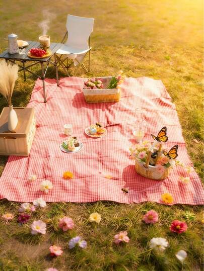1 pieza Encantadora manta rectangular de cuadros rojos y blancos para picnic - Temporada de bodas, mantel tejido de rayón con encaje para Pascua, adecuado para camping de invierno, salida a la playa, fondo de fotografía, accesorio de picnic