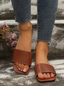 Korean Style Casual Flat Slippers, Open Toe Sandals For Summer, New Arrival Roman Style Flat Sandals For Women, Suitable For Dresses, Beach, Vacation - Brown - View 1