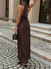 女士夏季低领系带露背拉链波点面料性感优雅连衣裙，适合约会、度假、派对、晚宴、情人节、生日等各种场合。 - 卡其色 - 查看 2