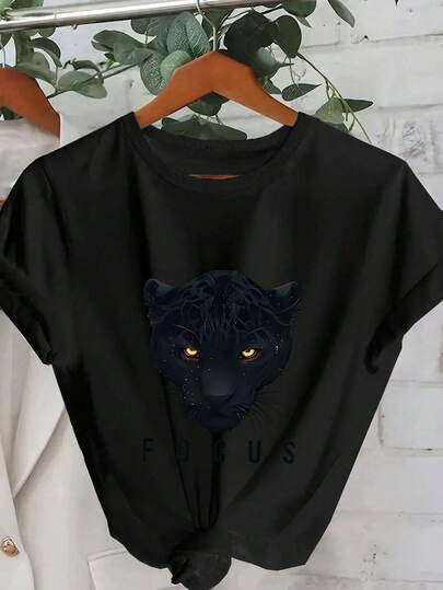 Camiseta de manga corta con cuello redondo, estampado de primer plano de la cabeza y eslogan "FOCUS", adecuada para primavera, verano, otoño, Día de San Valentín, temporada de vuelta al colegio