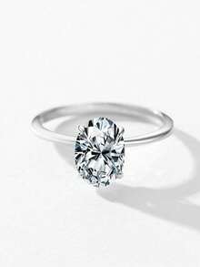 1pc S925 Sterling Silver Ring, Fashionable Women's Minimalist Luxury 2 Carat Oval Simulated Diamond Platinum Plated Band - Silver - View 3
