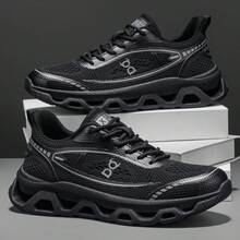 Women's Casual Sports Shoes, Black Letter & Geometric Pattern, Sports Knit Lace-Up, Lightweight Elastic Comfortable Outsole, Tennis Shoes For Vacation, Outdoor, All Seasons, Campus, Running - Black - View 4