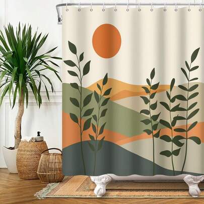 1件装时尚山河植物叶子图案浴帘，色彩缤纷的山河植物印花浴帘，非常适合浴室装饰、通用房间装饰、家居装饰、浴室配件浴缸浴帘