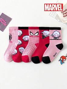 5 Pairs Marvel Superhero Socks, Spider-Man & Gwen Stacy Cartoon Mid-Calf Socks For Kids, Spring/Summer - Multicolor - View 9