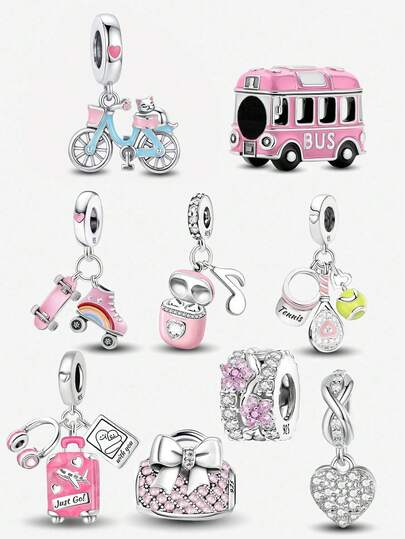 1pc 925 Sterling Silver DIY Pendant, Pink Beads Series, Women Jewelry Bracelet And Necklace Accessories, Exquisite 925 Sterling Silver Jewelry Making