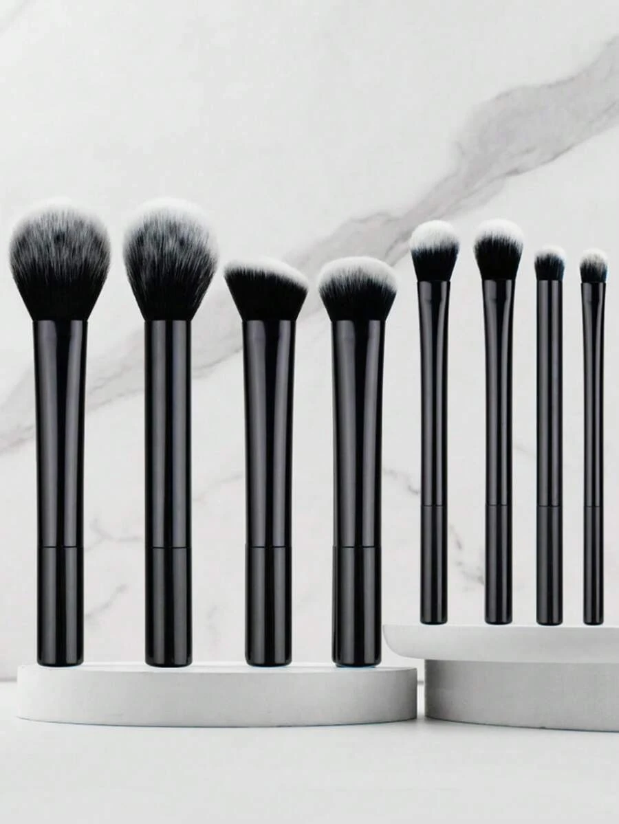 8件套专业哑光黑色化妆刷套装，高品质8件套，包括散粉刷、腮红刷、修容刷、眼影刷、高光刷，打造无瑕底妆的化妆刷 - 黑色 - 查看 1