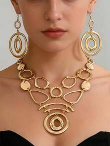 2pcs Exaggerated Geometric Asymmetrical Metal Hoop Necklace And Earrings Set, For Women Party, Banquet And Daily Wear - Yellow Gold - View 3