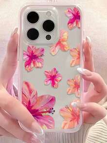 1pc Vibrant Lily Flower Pattern Pink Edgy Transparent Full Coverage Shockproof Fashionable Phone Case, Suitable For IPhone 11 12 13 14 15 16 17 Pro Max/Plus, Gift - Multicolor - View 2