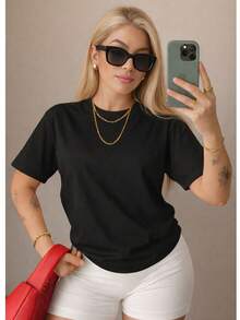 Women's T-Shirt, Short Sleeve, Premium Knit, Casual, Plain, Relaxed, 100% Cotton - 黑色 - 查看 1