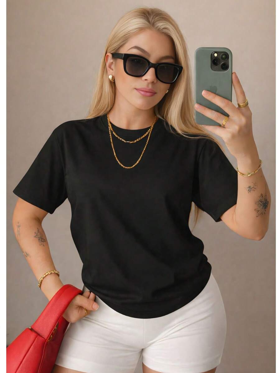 Women's T-Shirt, Short Sleeve, Premium Knit, Casual, Plain, Relaxed, 100% Cotton - 黑色 - 查看 1