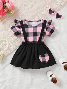 2 piezas Conjunto de niña bebé de mono con estampado a cuadros y volantes en las mangas + falda con bordado de corazón, para uso diario, primavera/verano - Rosa - Ver 3
