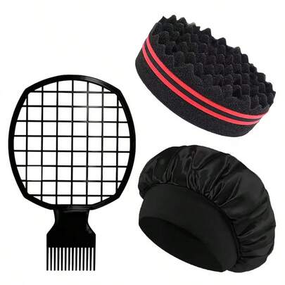 3pcs Hairstyling Set, Including Curly Hair Sponge Brush, African Style Mesh Comb And Satin Nightcap, Magic Barber Sponge Twist Brush Head, Suitable For Wavy Hair