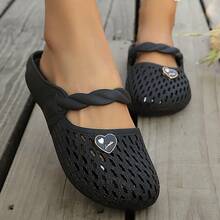 Pantuflas transpirables de moda, sandalias de verano con diseño de corazón hueco, nuevas mulas cerradas sin talón - Negro - Ver 6