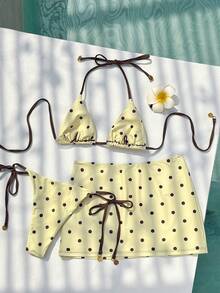 三件套女士比基尼泳装，休闲波点图案沙滩泳装，棕色和黄色时尚套装，适合外出、健身、日常穿着，Y2K风格，优雅，街头风，度假，音乐节，泳池派对等夏季场合。 - 黃色 - 查看 3