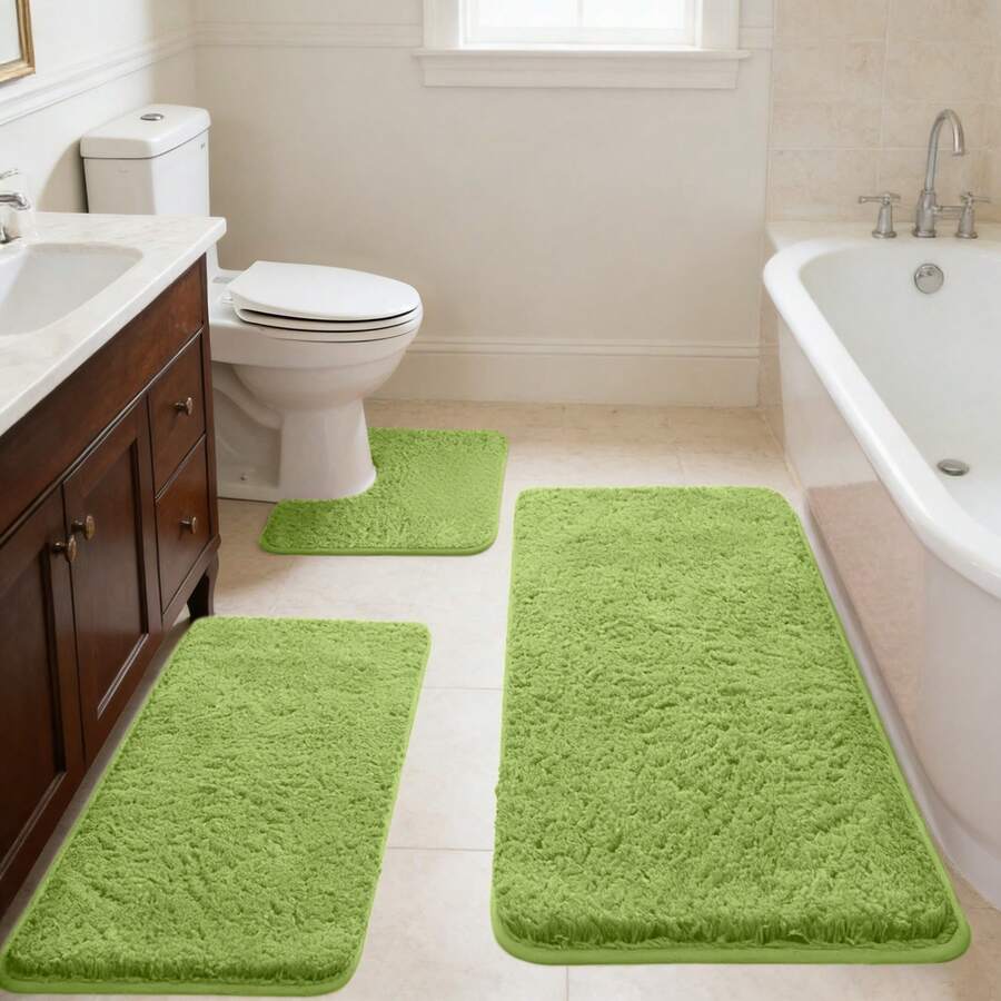 3-Piece Memory Foam Bathroom Rug Set, Ultra Plush Shaggy Bath Mat With Non-Slip Backing, Super Absorbent & Quick-Dry Microfiber Bathroom Floor Mats For Tub, Sink & Toilet, Machine Washable Bath Rugs - Green - 查看 1