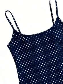 Women's Fashion Navy Blue Polka Dot Print Round Neck Fitted Casual Vacation Sexy Camisole Top, Beach Outfit - Navy Blue - View 5