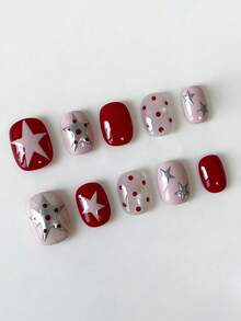 10片纯手工制作的短款圆形美甲贴片，红色、粉色和银色猫眼图案，饰有星星和圆点，时尚可爱，Y2K风格，柔和闪光，适合女性和女孩，春夏秋冬皆宜，节日和日常生活均可使用。 - 紅色 - 查看 2