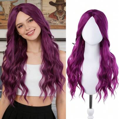 26英寸长紫色波浪假发，女士紫色卷发假发，带空气刘海，水波纹假发，耐热合成纤维假发，适合日常派对使用