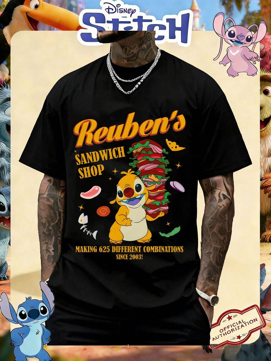 Disney Official Licensed Lilo & Stitch Reuben's Sandwich Shop Retro Poster Print 220g Cotton Crew Neck Unisex Tee - 黑色 - 查看 1