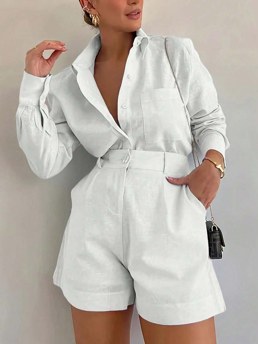 Bộ đồ thể thao phong cách công sở thường ngày gồm áo sơ mi dài tay và quần short ống đứng màu trắng, thích hợp cho mùa xuân. - trắng - Xem 1