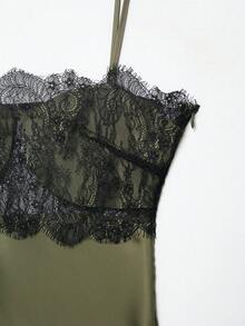 Vestido de satén con encaje asimétrico y estilo sexy, de moda para mujer en verano, con estilo elegante europeo y americano - Verde Oliva - Ver 6