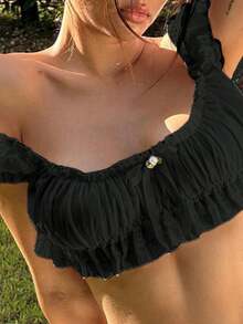 Women's Y2K Off Shoulder Tops Fairycore Slim Frill Trim Bow Backless Short Sleeve Crop Tops Short Shirt Aesthetic Clothes For Party Club Streetwear - 黑色 - 查看 5
