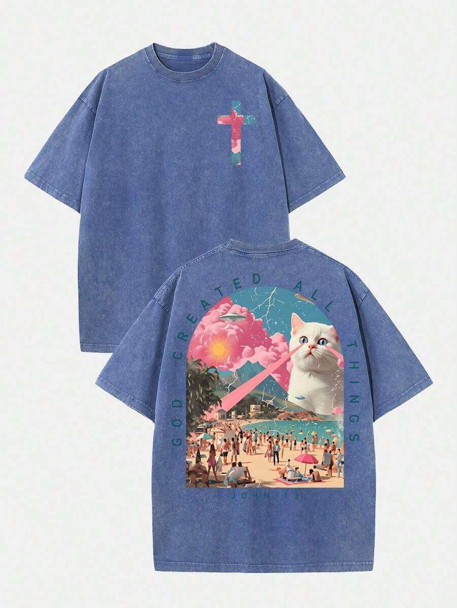 2026 Summer Clothes(230g T-Shirt)Men's Loose Washed Cotton "When You Go Through Deep Waters" Turtle Graphic T-Shirt, Comfortable Christian Faith Tee With Bible Verse, Breathable Retro Streetwear -  Gift ChoiceLoose And Comfortablesummer Tops - Blue 6 - 查看 1